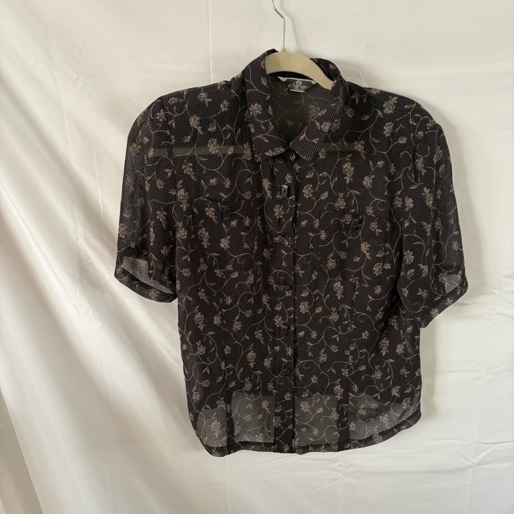 Vintage black gray collared button up short sleeve blouse top women’s medium - Picture 3 of 6